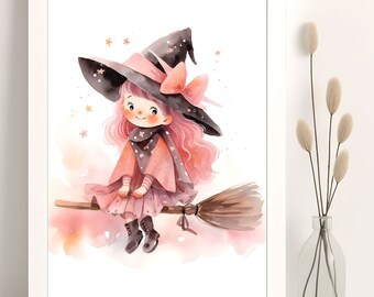 Aquarell kleine Hexe, Halloween Dekor, Mädchenzimmer Dekor (digitaler Download)