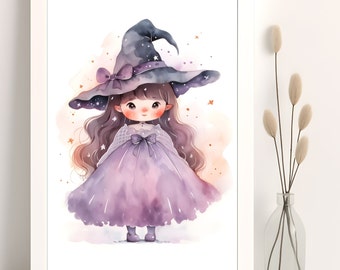 Kleine Hexe Druck, Halloween Druck, Kinder Halloween Druck, Aquarell, Mädchen Zimmer Dekor, druckbare Wandkunst, Download