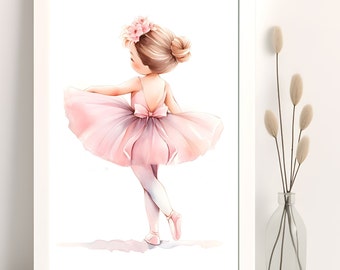 Ballerina Mädchen Aquarell Druck, rosa Tutu Kinderzimmerbild (Digitaler Download)