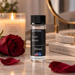 Puede incluir: Un frasco de vidrio transparente de aceite de fragancia de lujo Scentia Lost Rose con tapa y etiqueta negras. La etiqueta presenta el texto Scentia, Lost Rose, Luxury Fragrance Oil, 20ml, Made in USA y Discovery Size, junto a una bandera de EE. UU.