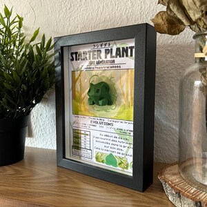 Op de afbeelding: Een ingelijste illustratie van een groen Pokemon-personage genaamd "Starter Plant" met de Japanse tekst "フシギダネ" erboven. De illustratie is geplaatst tegen een achtergrond van een boslandschap. De tekst onder het personage luidt "IDRE GENERATION" en "Numero Registral 80001". De illustratie bevat ook een tabel met de statistieken van het personage en informatie over zijn evolutie.