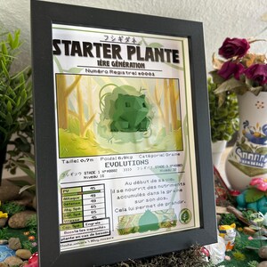 Op de afbeelding: Een ge&iuml;llustreerde trading card met een cartoonfiguur genaamd "Starter Plante" met de tekst "I&Egrave;RE G&Eacute;N&Eacute;RATION" en "Num&eacute;ro Registre: 80001". De kaart heeft statistieken voor het personage, waaronder "PU", "Attaque", "D&eacute;fense", "Atq. Sp&eacute;", "D&eacute;f. Sp&eacute;", "Vitesse" en "Cap. Sp&eacute;.".