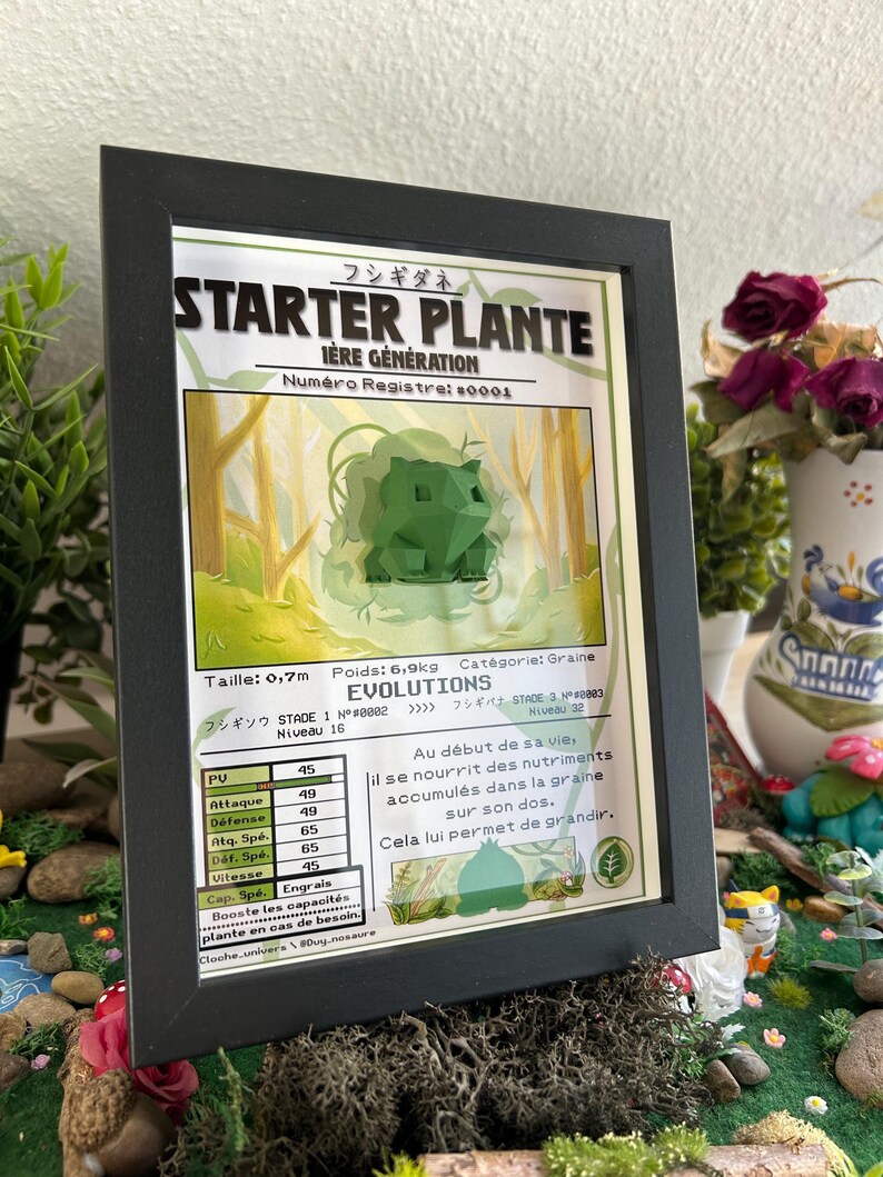 Op de afbeelding: Een ge&iuml;llustreerde trading card met een cartoonfiguur genaamd "Starter Plante" met de tekst "I&Egrave;RE G&Eacute;N&Eacute;RATION" en "Num&eacute;ro Registre: 80001". De kaart heeft statistieken voor het personage, waaronder "PU", "Attaque", "D&eacute;fense", "Atq. Sp&eacute;", "D&eacute;f. Sp&eacute;", "Vitesse" en "Cap. Sp&eacute;.".