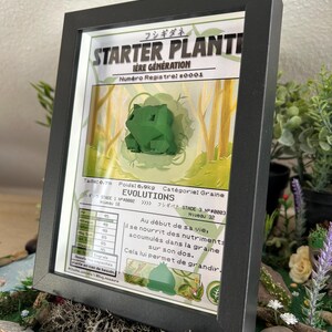 Op de afbeelding: Een ingelijste illustratie van een groen, plant-achtig Pokemon-personage genaamd "Starter Planti". De illustratie bevindt zich in een zwart frame en bevat tekst in het Japans en Frans. De tekst luidt "Starter Planti, 1e Generatie, Registratienummer #0001, Grootte: 0,7 m, Gewicht: 6,9 kg, Categorie: Zaad, Evoluties, Aan het begin van zijn leven voedt het zich met de voedingsstoffen die zijn opgeslagen in het zaad op zijn rug. Dit stelt hem in staat om te groeien."