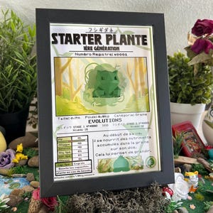 Op de afbeelding: Een ingelijste illustratie van een groen Pokemon-personage genaamd "Starter Plante" met de tekst "I&egrave;re G&eacute;n&eacute;ration" en "Num&eacute;ro Registre: #0001". De illustratie is geplaatst tegen een achtergrond van groene bladeren en bomen. De tekst onder de illustratie beschrijft de evolutiestadia en vaardigheden van het personage.