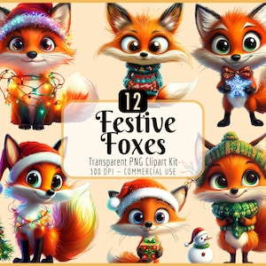 Kit de cliparts de renards festifs | Motifs de Noël, renard original, graphiques de vacances d'hiver, enveloppés dans des lumières, téléchargement PNG instantané, usage commercial