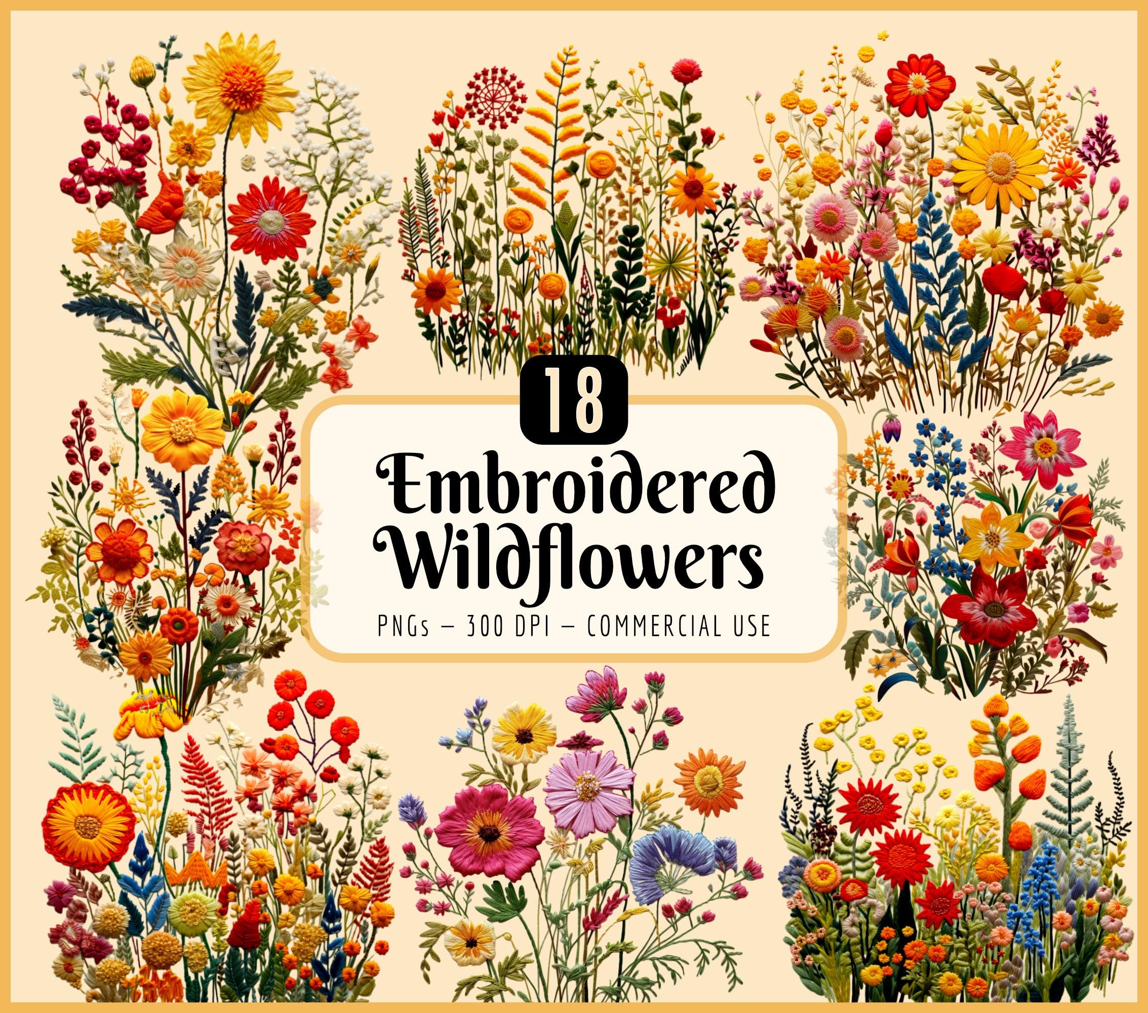 Gestickte Wildblumen Clipart: Hochzeit Wildblumen Frühling Sommer (PNG Download)