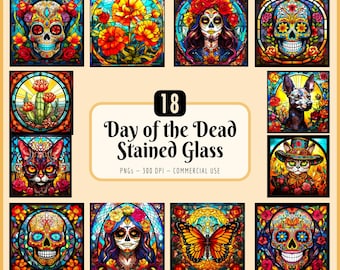 Tag der Toten Glasmalerei Clipart Bundle | Dia De Los Muertos, bunte Zuckerschädel, La Catrina, mexikanische Kultur, sofortiger PNG Download