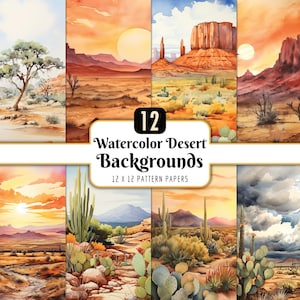 Watercolor Desert Backgrounds | Southwestern Canyon Landscape Natural Tones Boho Wild West Backdrop Cactus, Instant Download, Commercial Use