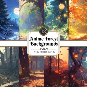 Anime Forest Digital Paper Pack: Four Seasons, Outdoor Forest Art Backgrounds (PNG Download)