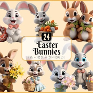 Clipart paashazen: 3D-konijnen, lentebloemen, paaseieren (PNG-download)