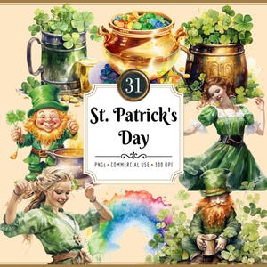 May include: A digital collection of St. Patrick's Day graphics featuring leprechauns, gold-filled pots, green shamrocks, a rainbow, and figures in green attire. The central label displays the text 31 St. Patrick's Day PNGs Commercial Use 300 DPI.