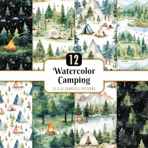 Puede incluir: Doce patrones de camping en acuarela con tiendas de campaña, árboles, fogatas y una caravana. Los patrones son en tonos verdes, azules y marrones. El texto de la imagen dice "12 Watercolor Camping 12 x 12 Seamless Patterns."