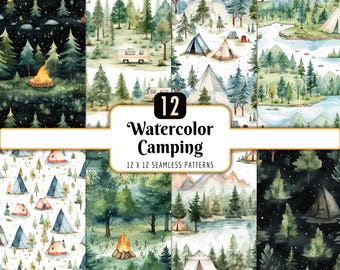 May include: Watercolor camping patterns featuring tents, trees, campfires, and a camper van. The patterns are in shades of green, blue, and brown. The text on the image reads "12 Watercolor Camping 12 x 12 Seamless Patterns."