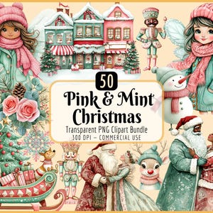 Roze en mintgroene kerstclipartbundel | Aquarel, pastelafbeeldingen, kerstman, winterfeeën, sneeuwvlokken, Instant PNG-download, commercieel gebruik