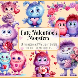 Niedliches Valentines Monster Clipart Bundle | Aquarell, Cartoon Monster, Romantisch, Valentinstag Grafiken, Sofort PNG Download, Kommerzielle Nutzung