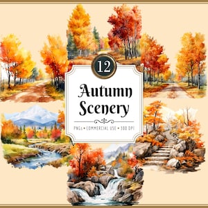 Autumn Scenery Clipart Kit | Watercolor, Fall Landscapes, Seasonal Graphics, Forest, Colorful Trees, Instant PNG Download, Commercial Use
