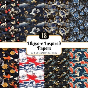Ukiyo-e Seamless Patterns: Wave, Koi, Floral Digital Paper Pack (PNG Download)