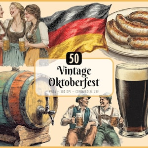 May include: A vintage illustration featuring Oktoberfest elements: a German flag, beer, sausages, and people in traditional dress. Includes a beer barrel, beer mugs, and the text "50 Vintage Oktoberfest".