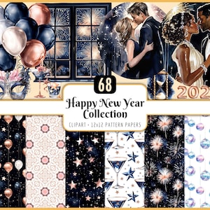Peut inclure: Une collection d'art numérique sur le thème du Nouvel An. L'image présente des illustrations de couples, de feux d'artifice, de ballons et de motifs décoratifs. Le texte comprend "Happy New Year Collection" et "2026". La palette de couleurs comprend le bleu marine, l'or rose et le blanc.