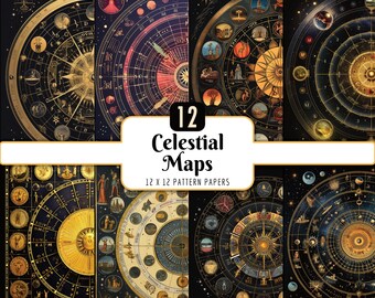 Celestial Maps Digital Paper Pack: Astrological Charts, Astronomy (PNG Download)
