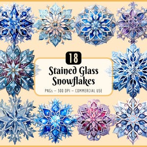 Clipart de copos de nieve de vitral: cristales de hielo invernales de acuarela (descarga PNG)