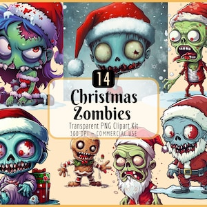 Zestaw clipartów świątecznych zombie | Świąteczne kreskówki zombie, przerażające, gotyckie, fantasy, horror, Walking Dead, natychmiastowe pobieranie PNG, wykorzystanie komercyjne
