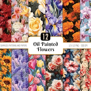 Bundel met oliegeschilderde bloemen en naadloze patronen | Digitaal papierpakket, shabby, vintage bloemenachtergronden, instant png-download, commercieel gebruik