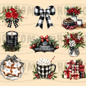 Nine of our Farmhouse Christmas clipart images; including red roses, a black buffalo check bow, books with a vase of poinsettia flowers, a candle, a hot chocolate sign, vase of flowers, plate of frosted gingerbread cookies, cup of cocoa and gifts.