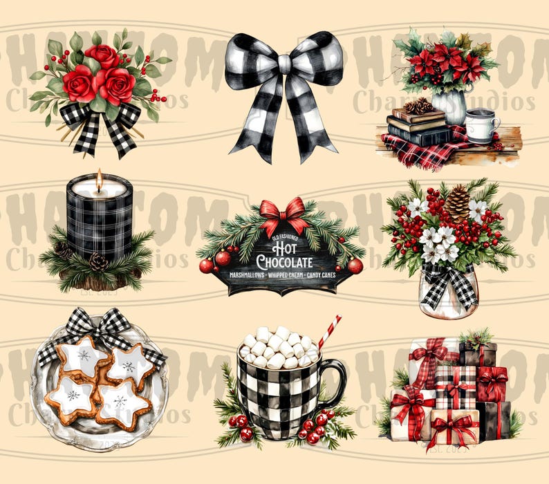 Nine of our Farmhouse Christmas clipart images; including red roses, a black buffalo check bow, books with a vase of poinsettia flowers, a candle, a hot chocolate sign, vase of flowers, plate of frosted gingerbread cookies, cup of cocoa and gifts.