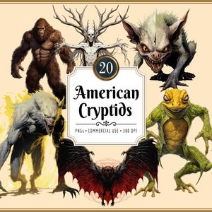 American Cryptids Clipart: Mythical Creatures, Bigfoot Mothman Wendigo (PNG Download)