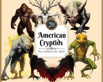 American Cryptids Clipart: Mythical Creatures, Bigfoot Mothman Wendigo (PNG Download)