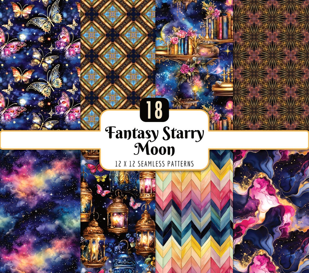 Fantasy Starry Moon Seamless Patterns: Magical Night Sky Cosmic Digital ...