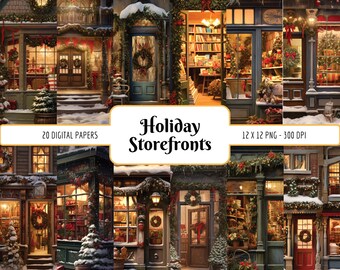 Weihnachtsschaufenster Digitales Papier | Weihnachts-Shop-Dekoration Gemütliche Hintergründe Winter-Festliche Weihnachtsdorf-Szene, sofortiger PNG-Download