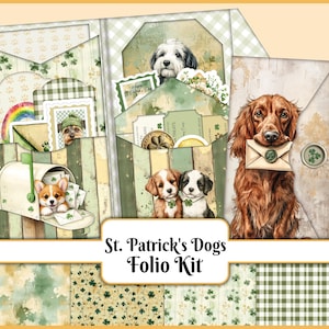 May include: A St. Patrick's Day themed folio kit featuring watercolor illustrations of dogs. The kit includes various elements such as envelopes, tags, and a mailbox, all adorned with shamrocks and dog portraits. The text "St. Patrick's Dogs Folio Kit" is displayed.