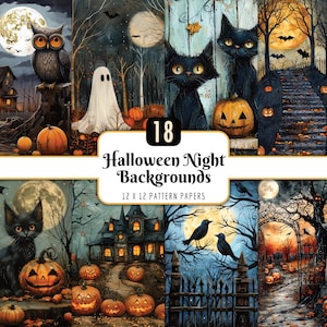 Halloween Night Backgrounds Digital Paper Pack | Halloween Scenes, Landscapes, Spooky Pages, Black Cat, Instant PNG Download, Commercial Use