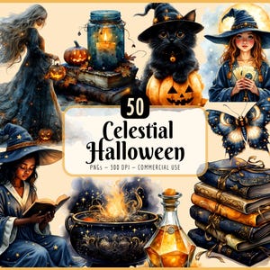 May include: A digital illustration with a celestial Halloween theme. The image features a witch, a black cat on a pumpkin, a butterfly, books, and a cauldron. The text reads "50 Celestial Halloween PNGs - 300 DPI - COMMERCIAL USE."