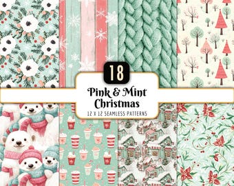 Pink and Mint Christmas Seamless Patterns Bundle | Digital Paper Pack, Watercolor, Pastels, Snowflakes, Instant PNG Download, Commercial Use