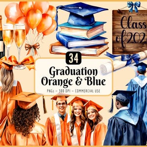 Graduation Clipart: Orange & Blue, Senior Girls Boys, Diploma Cap Gown Robe (PNG Download)