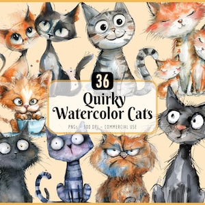 Quirky Watercolor Cats Clipart Bundle I Whimsical, Cute Kittens, Crazy Cat Illustrations, Cat Lover, Instant PNG Download, Commercial Use
