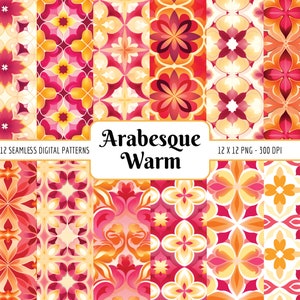 Bundel naadloze patronen in Arabische stijl | Digitaal papierpakket, warme tinten, Marokkaanse decoratieve tegel, mediterrane tegel, direct png-bestand downloaden