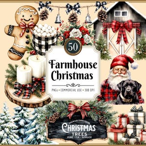 Ten of our Farmhouse Christmas clipart images; a gingerbread man, cup of cocoa, silver bell swag, red roses, a barn with plaid ribbon, Santa Claus with a black lab, a stack of Christmas presents, a Christmas tree sign, snowy pine trees and candles.