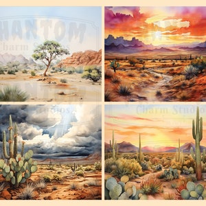 Four of our Watercolor Desert backgrounds; includes landscapes with various types of cactus, mountains, rock formations, sunsets and one paper shows a storm forming. These papers showcase the beauty of the United States Southwest desert.