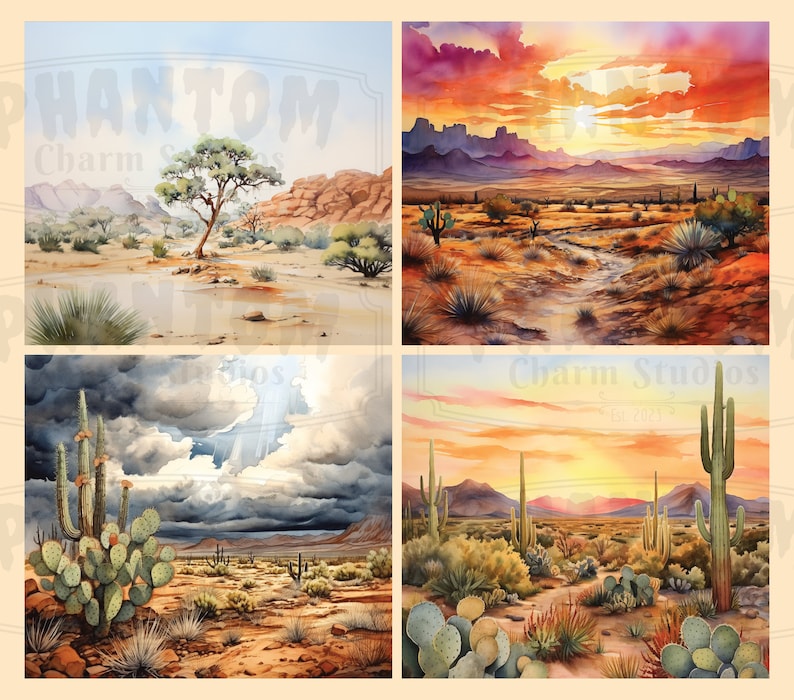 Four of our Watercolor Desert backgrounds; includes landscapes with various types of cactus, mountains, rock formations, sunsets and one paper shows a storm forming. These papers showcase the beauty of the United States Southwest desert.