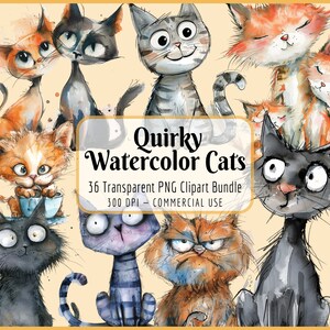 Bundle de clipart chats aquarelle original I lunatique, mignons chatons, illustrations de chats fous, amoureux des chats, téléchargement PNG instantané, usage Commercial