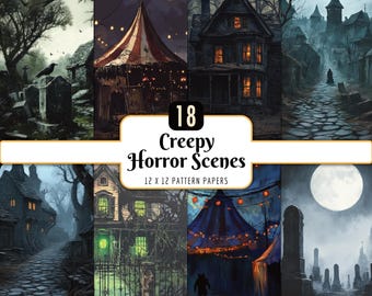 Creepy Horror Scenes: Spooky Halloween Haunted House Circus Digital Papers (PNG Download)