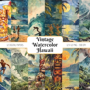 paquet de papier numérique vintage aquarelle Hawaii | Île tropicale paysage arrière-plans coucher de soleil surf volcan Tiki idole, téléchargement PNG instantané