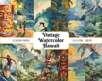 Vintage Watercolor Hawaii Digital Paper Pack | Tropical Island Landscape Backgrounds Sunset Surfing Tiki Idol Volcano, Instant PNG Download
