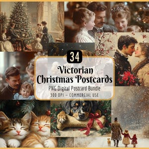 ビクトリア朝のクリスマスポストカード画像｜ヴィンテージホリデー、クリスマスのお祝いコラージュ印刷アート、クリスマスノエルシーン、インスタントPNGダウンロード