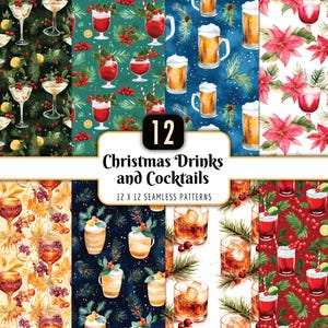 Christmas Drinks & Cocktails Seamless Patterns | Digital Paper Pack, Watercolor, Holiday Cocktail Party, Bourbon, Wine, Instant PNG Download